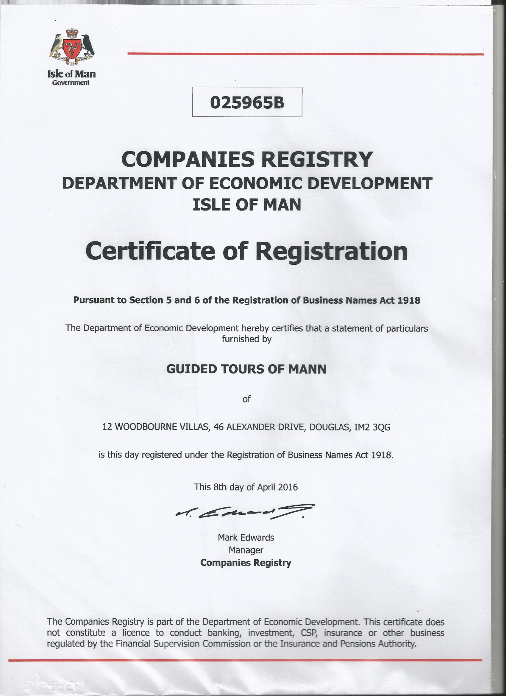 CERTIFICATE OF REGISTRATION Guided Tours of Mann